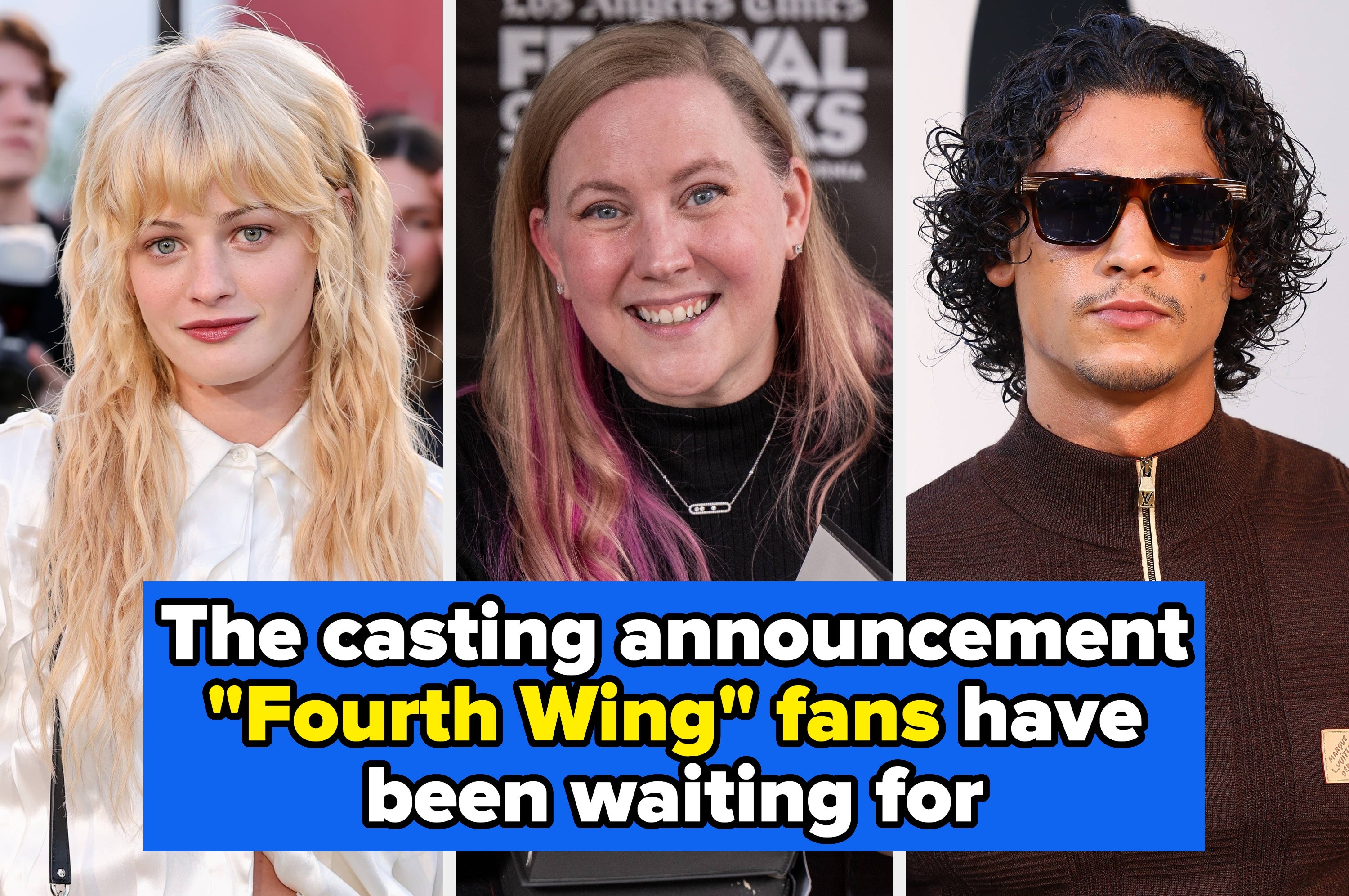Split image of Esther McGregor, Rebecca Yarros, and Emilio Sakraya at various events. Text reads: "The casting announcement fans have been waiting for."