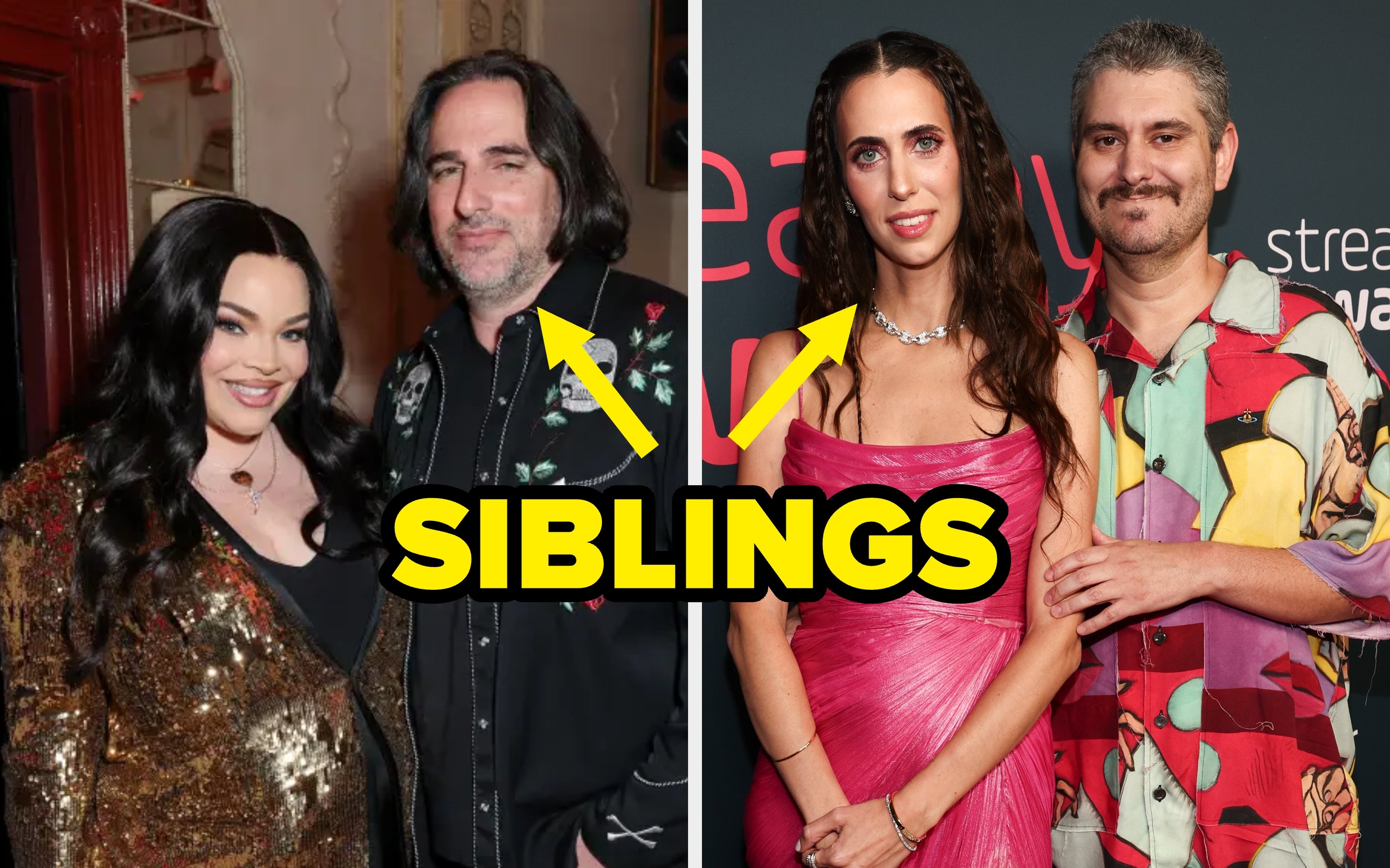 Two photos of siblings: On the left, a man and woman in patterned outfits; on the right, a couple, the woman in a pink dress, and the man in a colorful shirt