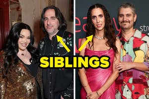 Two photos of siblings: On the left, a man and woman in patterned outfits; on the right, a couple, the woman in a pink dress, and the man in a colorful shirt