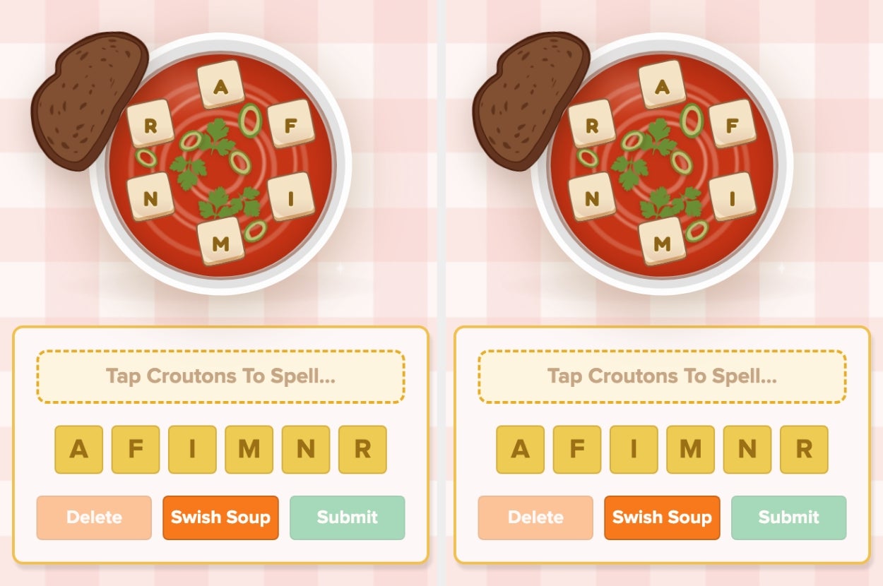 Two identical images of tomato soup with letter croutons spelling "RAFMNI." Below, the letters "AFIMNR" are to be rearranged to spell a word