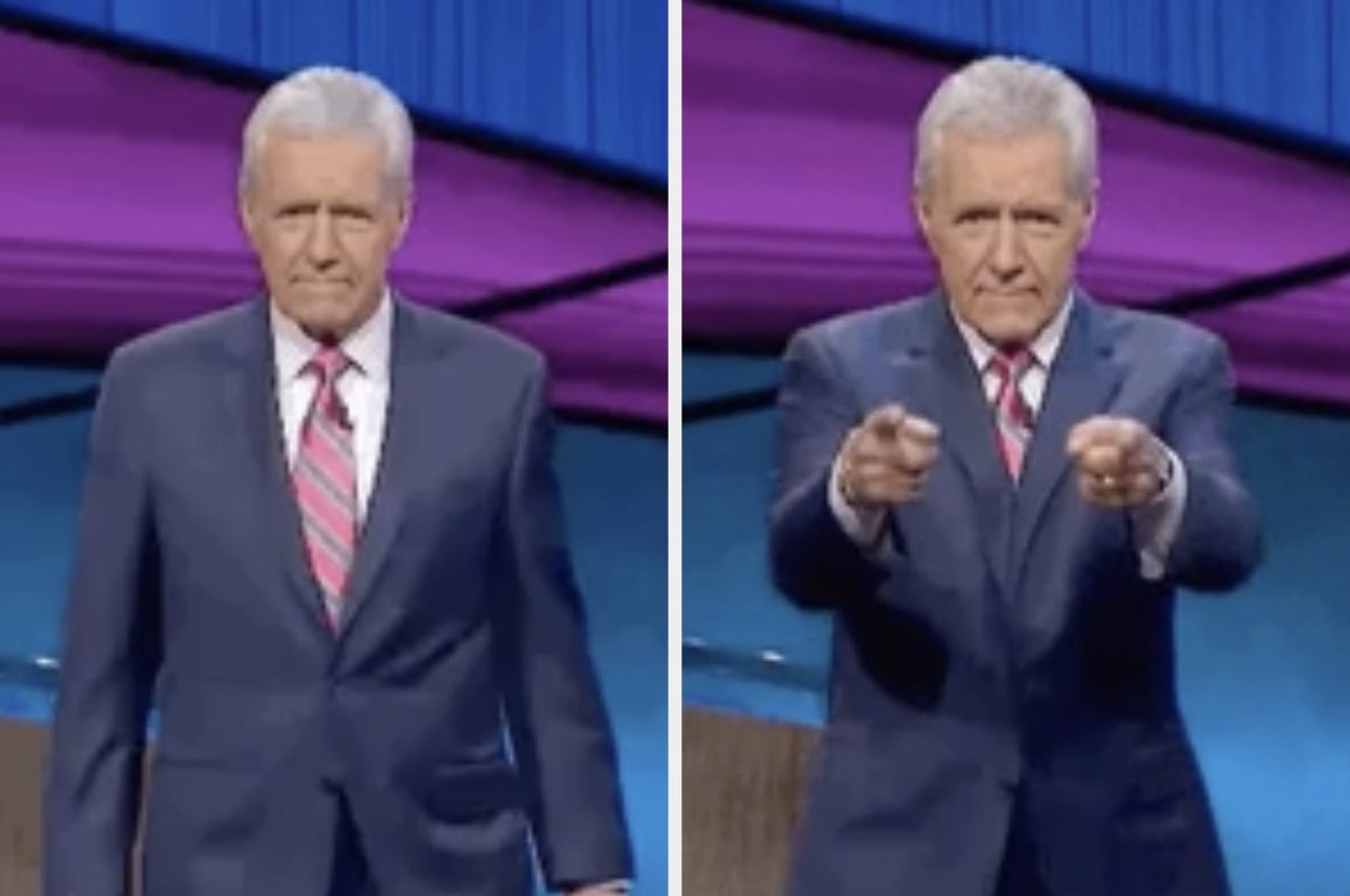 Two images of a man in a suit with a striped tie on a game show set, gesturing confidently towards the camera