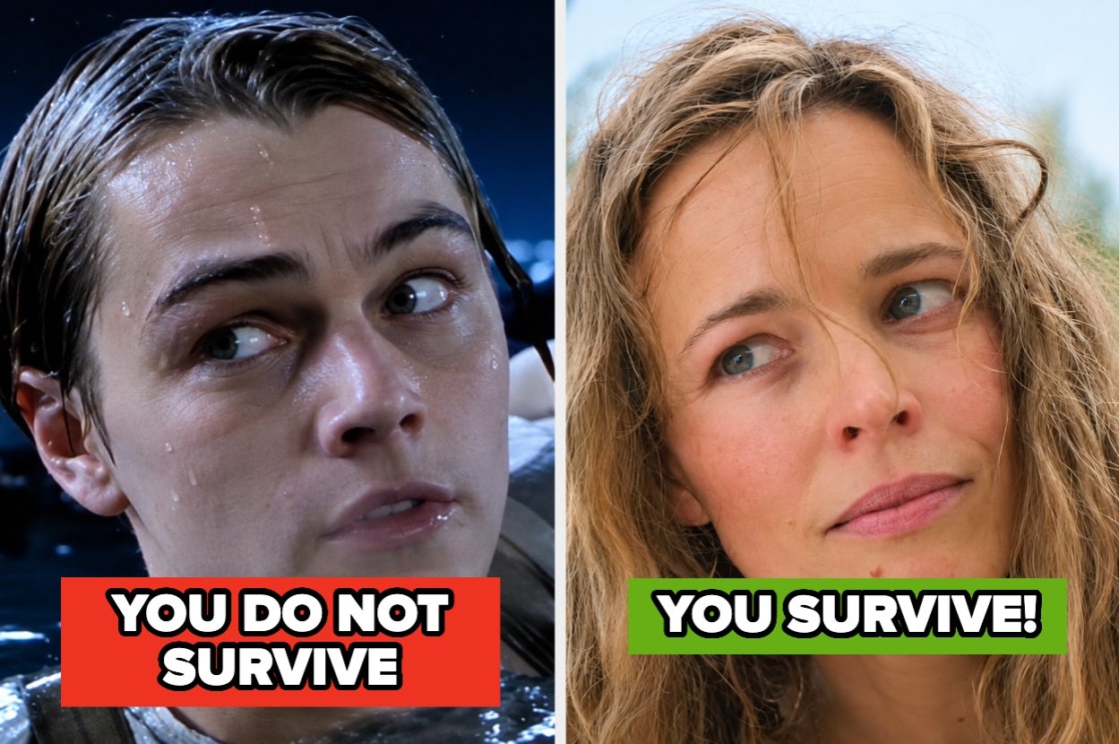 Split image of a young man in water, labeled "You Do Not Survive," and a woman looking pensive, labeled "You Survive!"