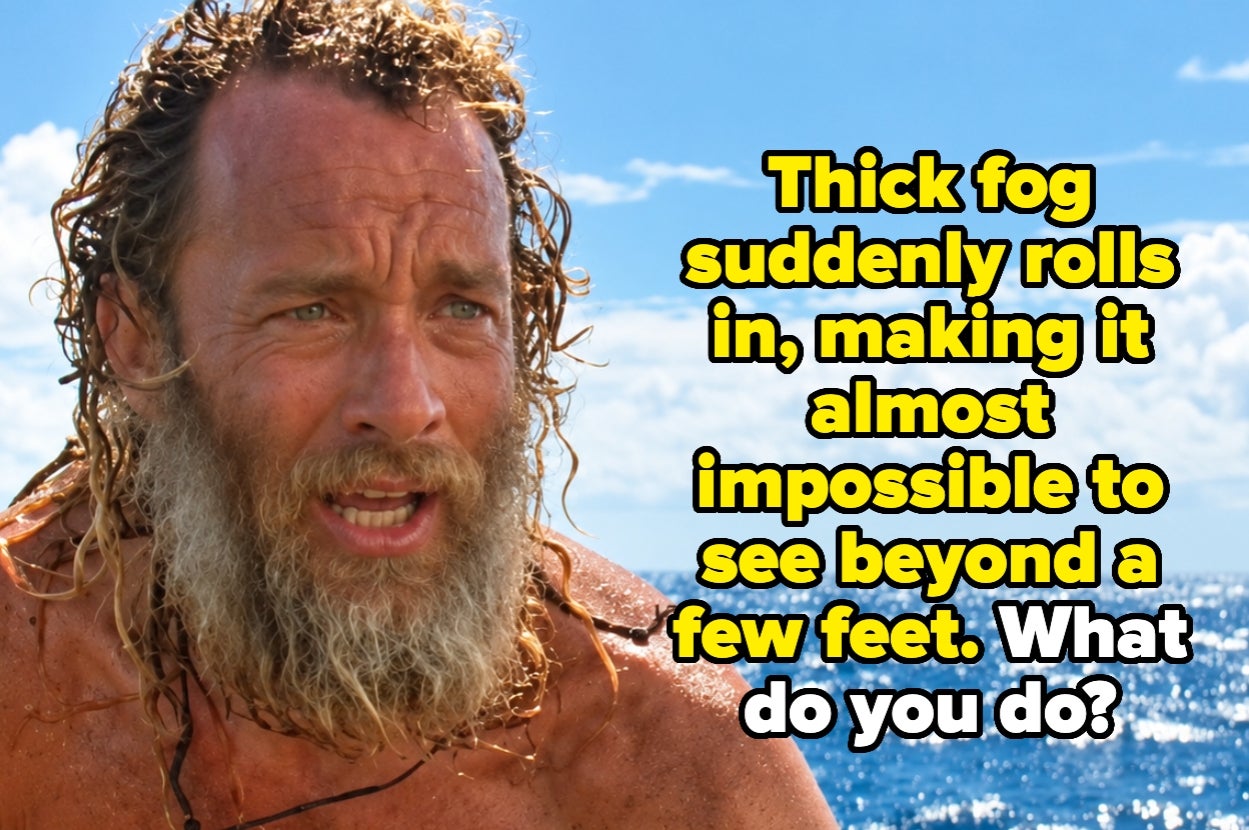 A man with a rugged beard looks concerned by the ocean, with text asking what to do when thick fog rolls in, hindering visibility