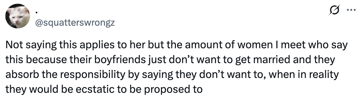 Tweet about women claiming not to want marriage due to boyfriends' reluctance, though they'd be happy to be proposed to