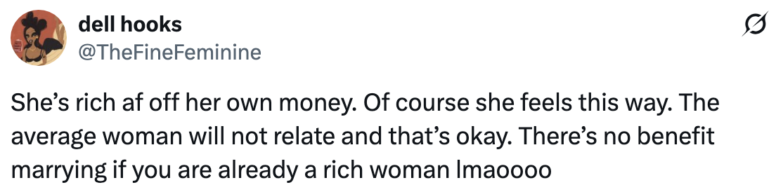 Tweet by @TheFineFeminine discussing how a wealthy woman might view marriage differently, stating there's no benefit in marrying if already rich