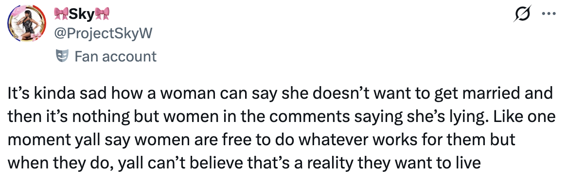 A fan account tweet discusses the irony of people doubting a woman's choice not to marry, despite advocating for freedom to choose one's lifestyle
