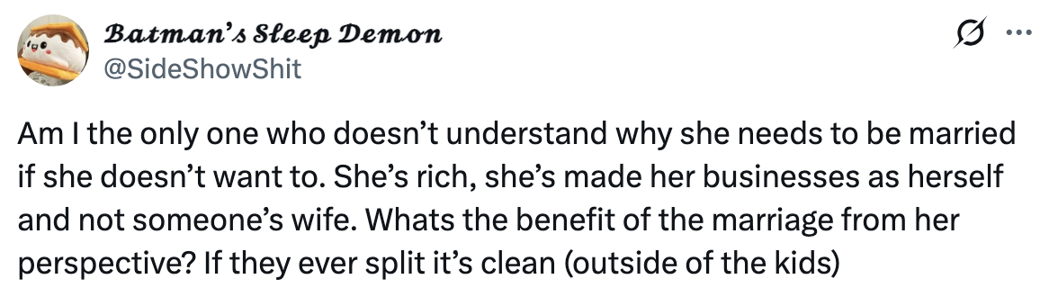Twitter post questioning the necessity of marriage for a successful, wealthy woman who doesn't want it, focusing on independence and business