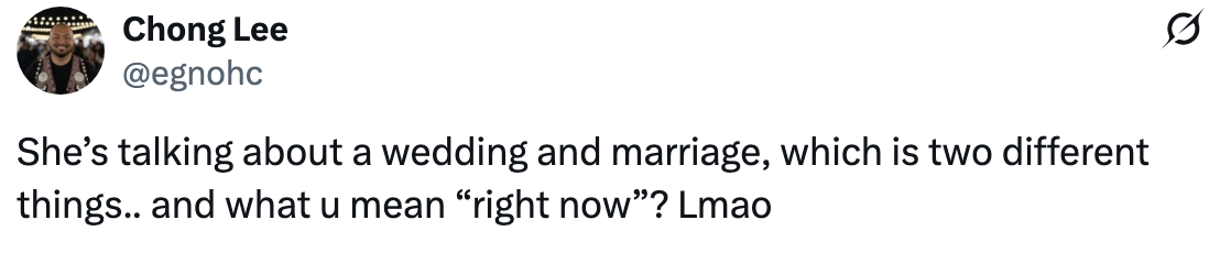 Tweet by Chong Lee discussing differences between wedding and marriage, questioning the term "right now" with humor