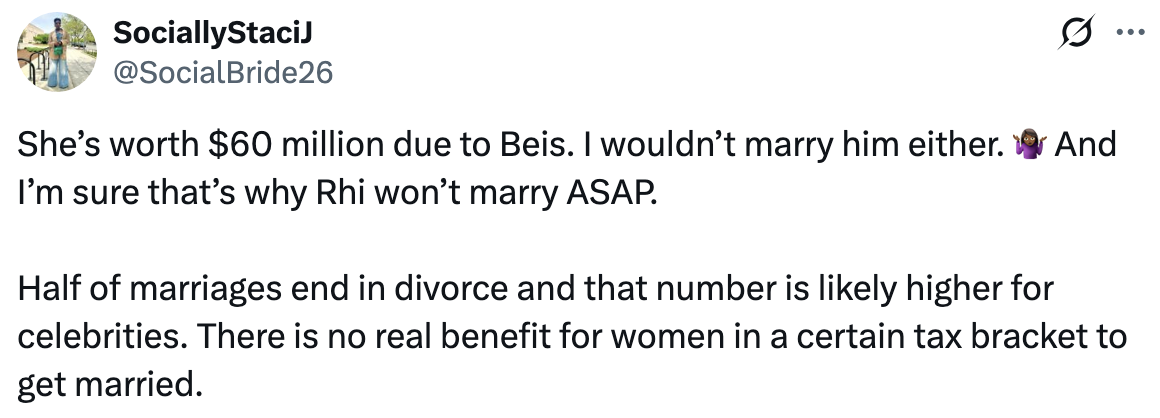 Tweet about a person worth $60 million, discussing marriage, divorce, and tax brackets for women