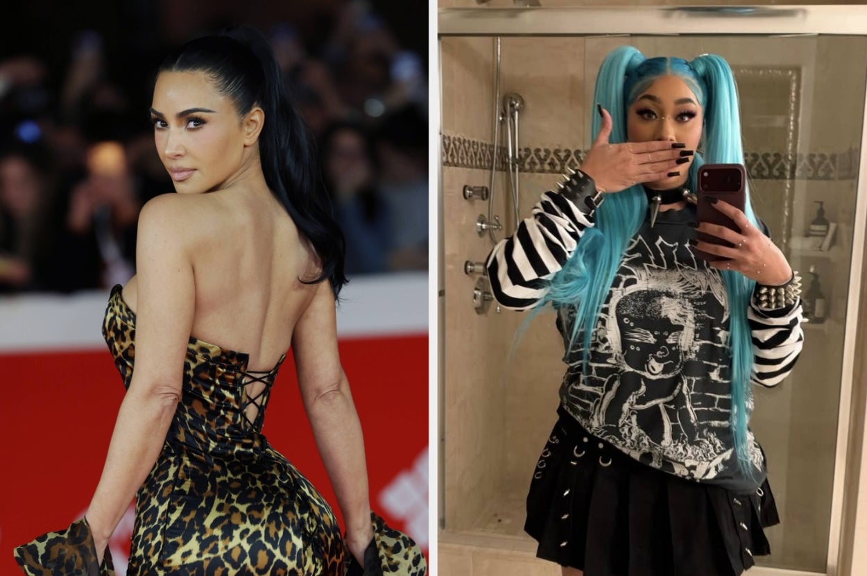 Kim Kardashian at an event and Natalie Nunn dressed as North West