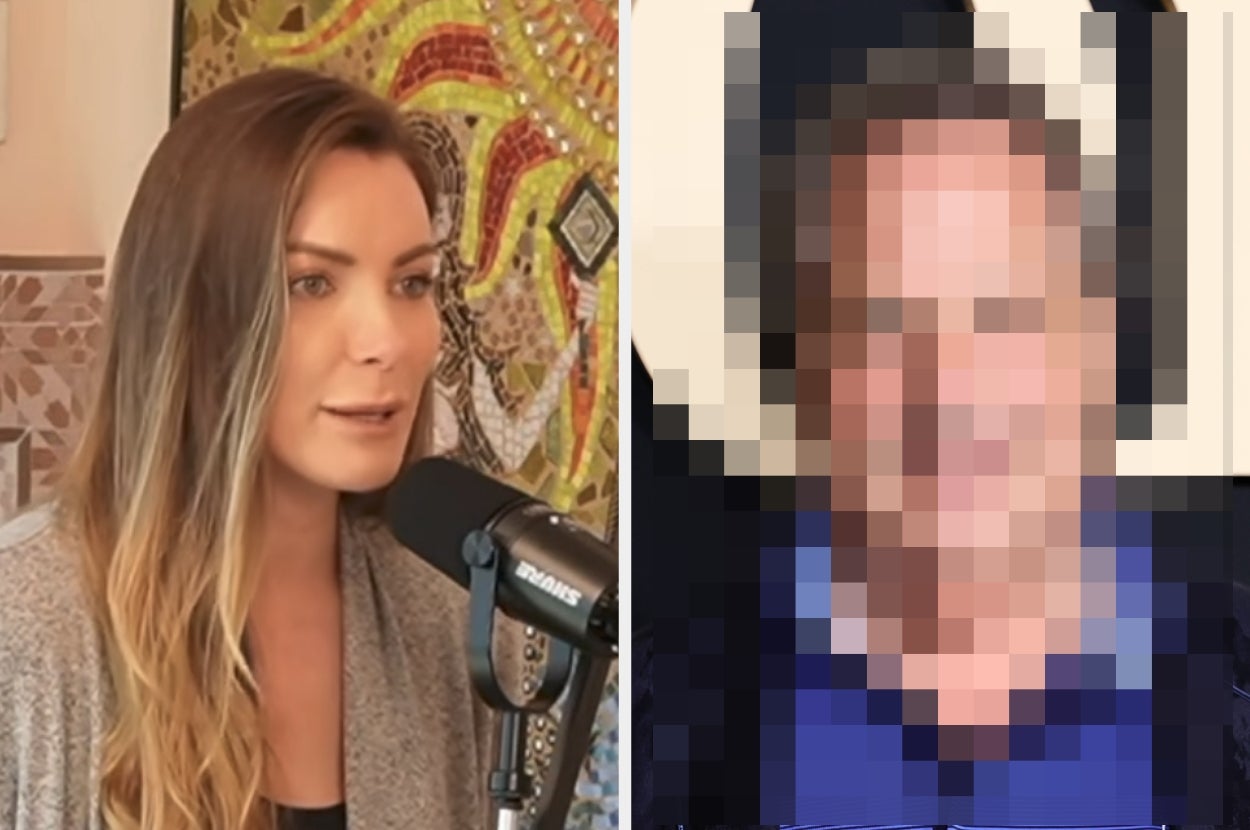 A woman wearing a casual sweater speaks into a microphone. The right side of the image is blurred