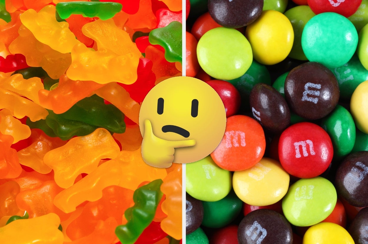Gummy bears on the left, colorful candies on the right, separated by a thinking face emoji