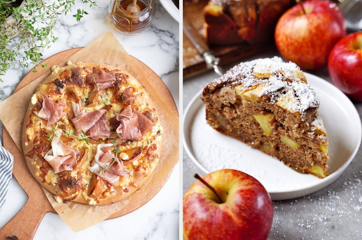 On the left, a gourmet pizza with prosciutto and herbs. On the right, a slice of apple cake dusted with powdered sugar, surrounded by fresh apples