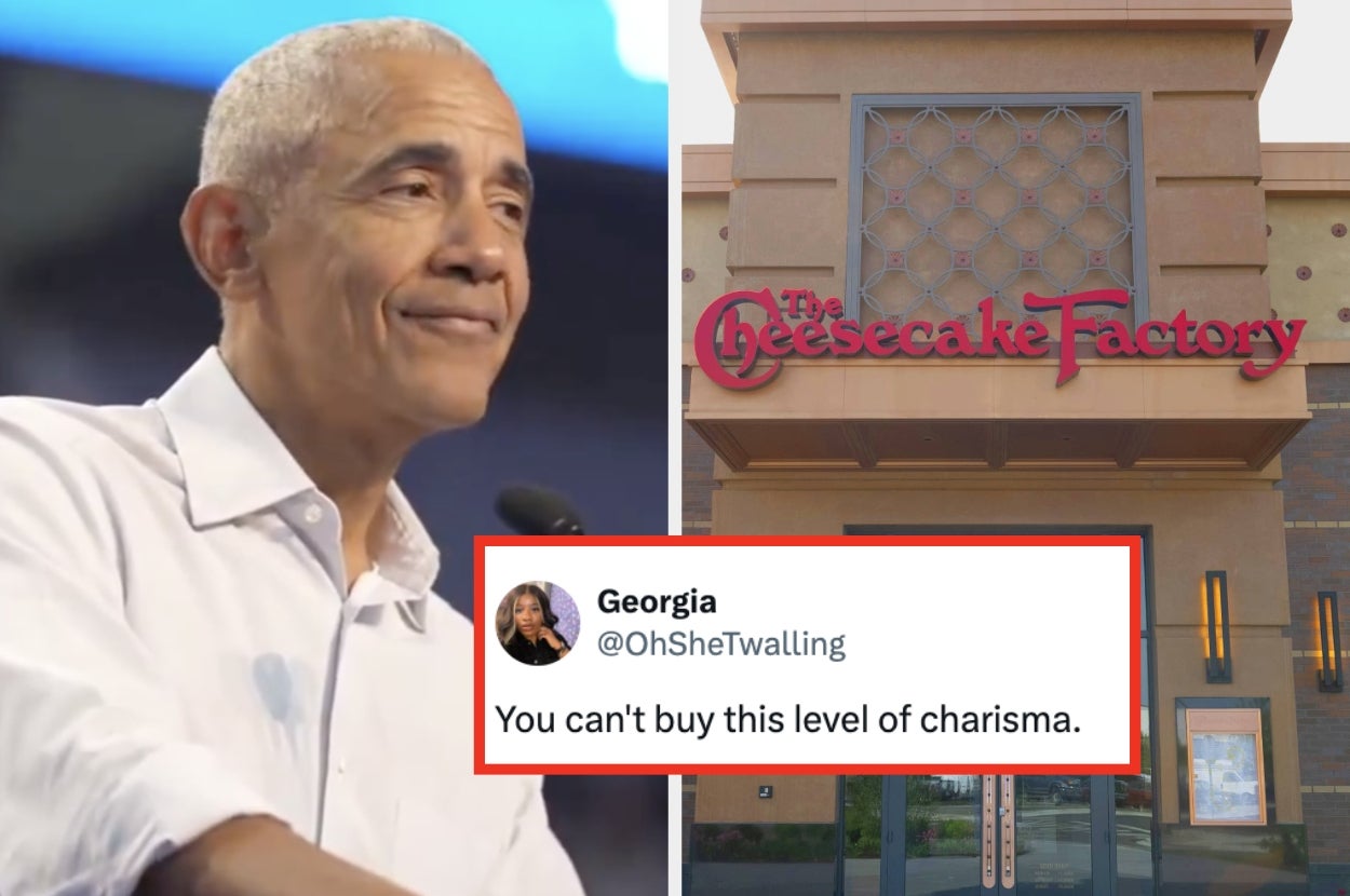 A person appears to be speaking at an event, with a caption below reading: "You can't buy this level of charisma" next to a Cheesecake Factory entrance