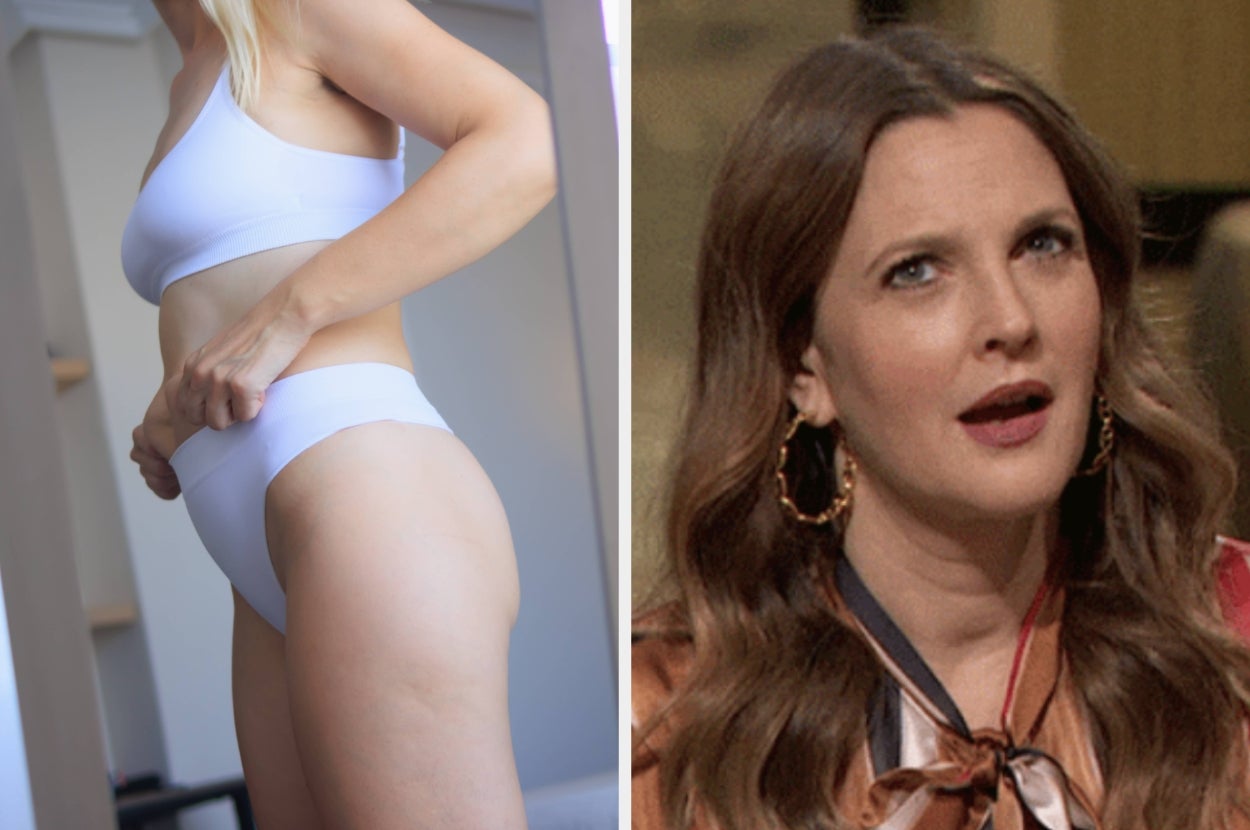 Left: Person wearing white underwear. Right: Drew Barrymore looking surprised