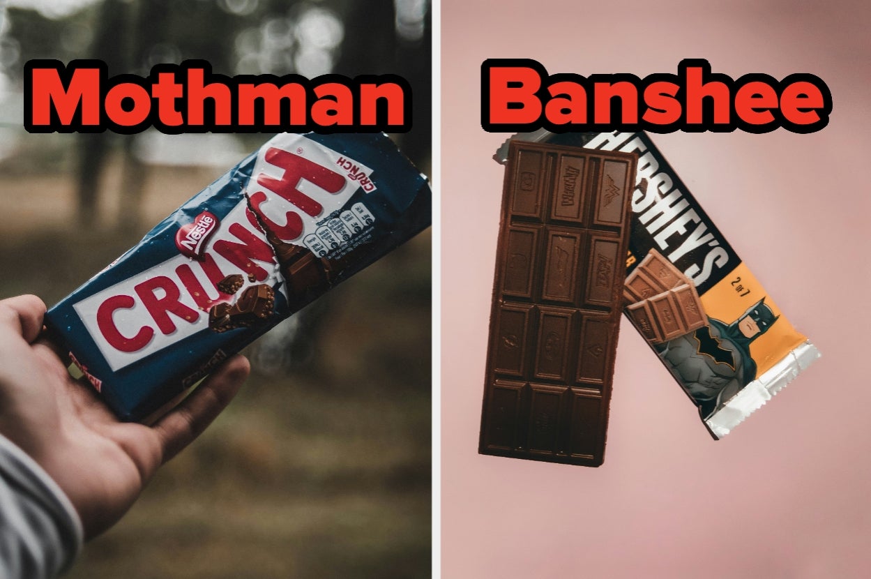 Two images showing candy bars. Left: "Mothman" themed Crunch bar. Right: Unwrapped "Banshee" themed Hershey's bar