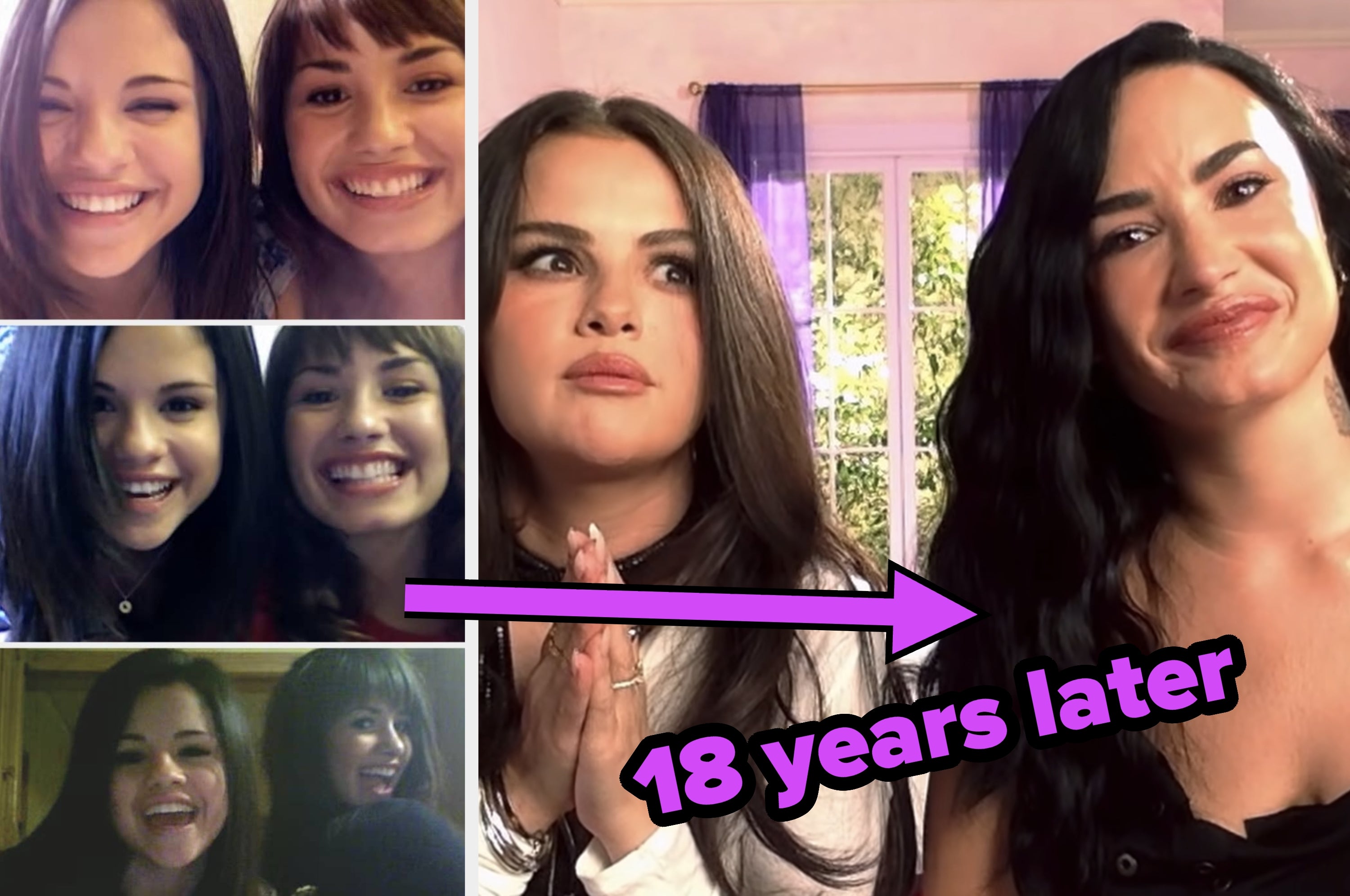 Two images: on the left, young Selena Gomez and Demi Lovato pose for a grainy webcam; on the right, Gomez recreates the pose, with text "18 years later!"
