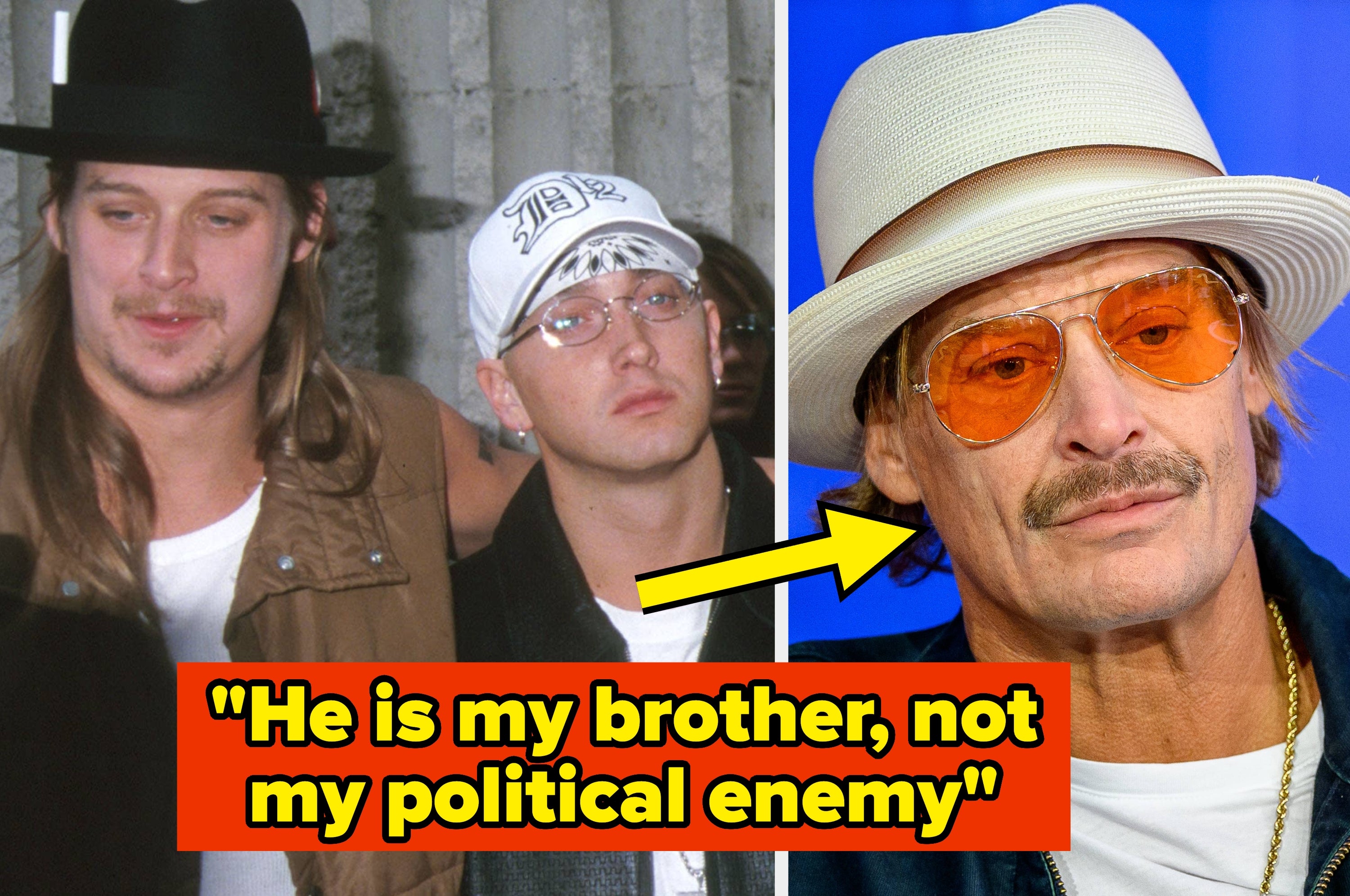 Two photos: Left, a man in a hat and orange glasses. Right, two men in hats, one with long hair, both standing side by side