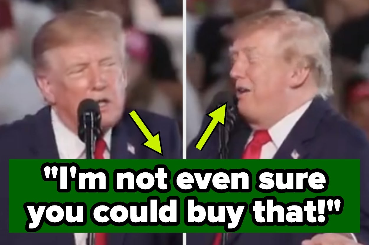 Two images show a man in a suit and tie speaking at a podium. Overlaid text reads: "I'm not even sure you could buy that!"