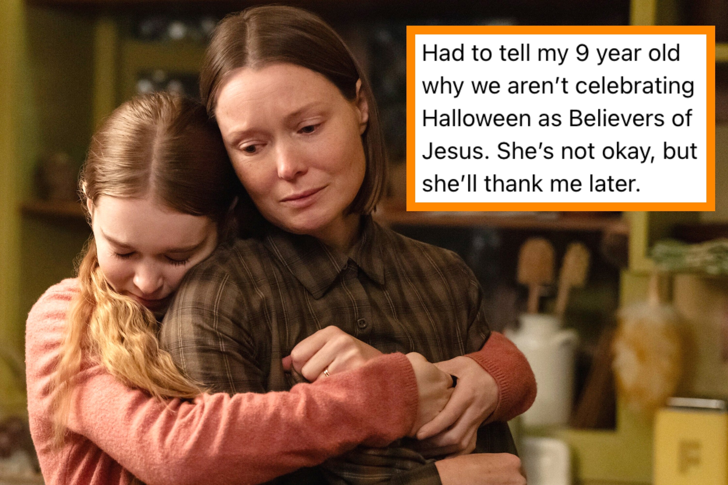 Summer H. Howell hugging Samantha Sloyan in the Amazon Prime Carrie series with a post that reads "Had to tell my 9 year old why we aren’t celebrating Halloween as Believers of Jesus. She’s not okay, but she’ll thank me later"