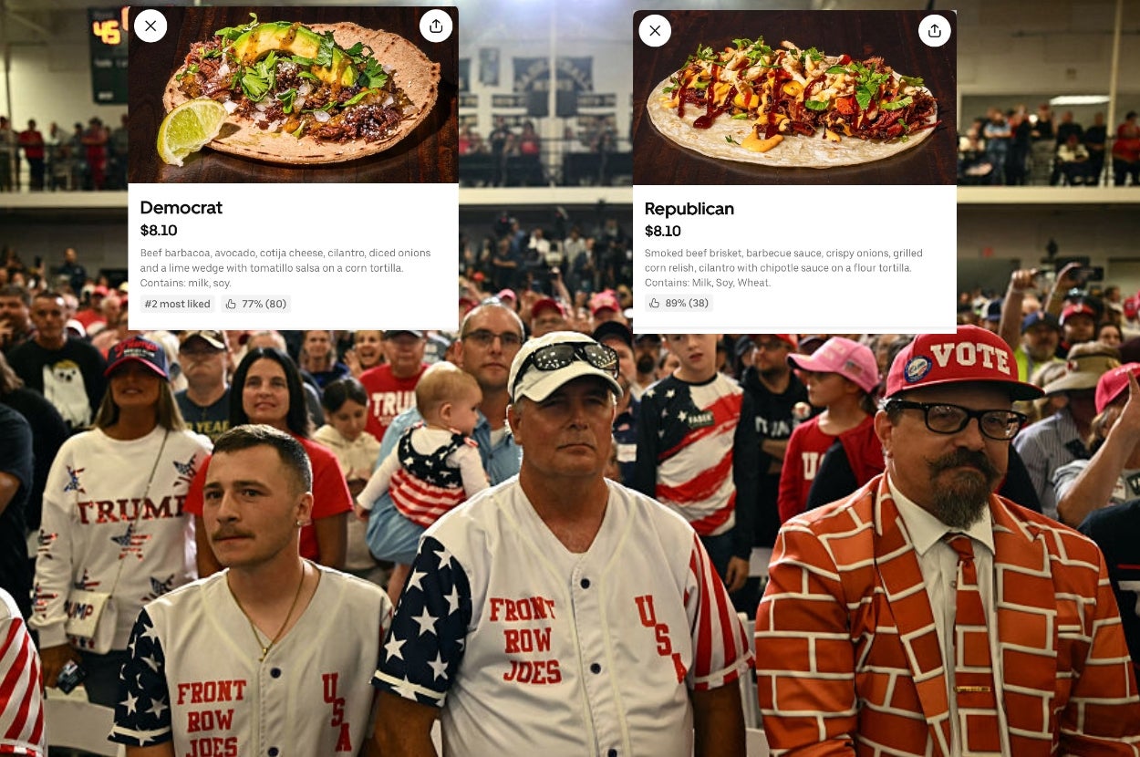 Menu items named "Democrat" and "Republican" feature beef barbacoa and smoked beef brisket tacos, shown above a crowd in themed attire