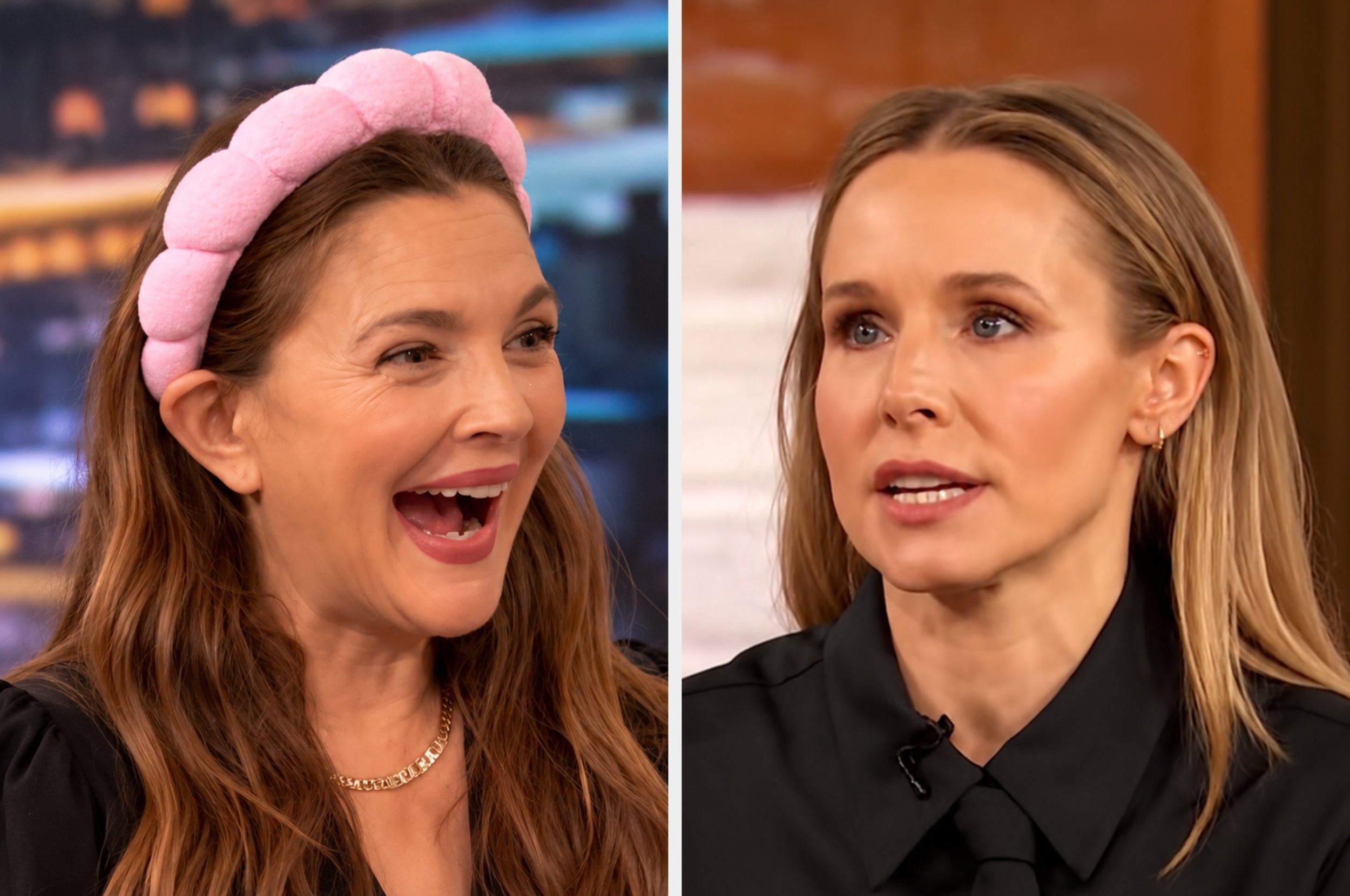 Two celebrities in conversation; one wearing a textured headband and black outfit, the other in a sleek black shirt, both are expressive and engaging
