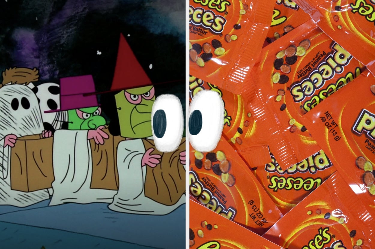 Cartoon characters in Halloween costumes on left; Reese's Pieces candy packs on right