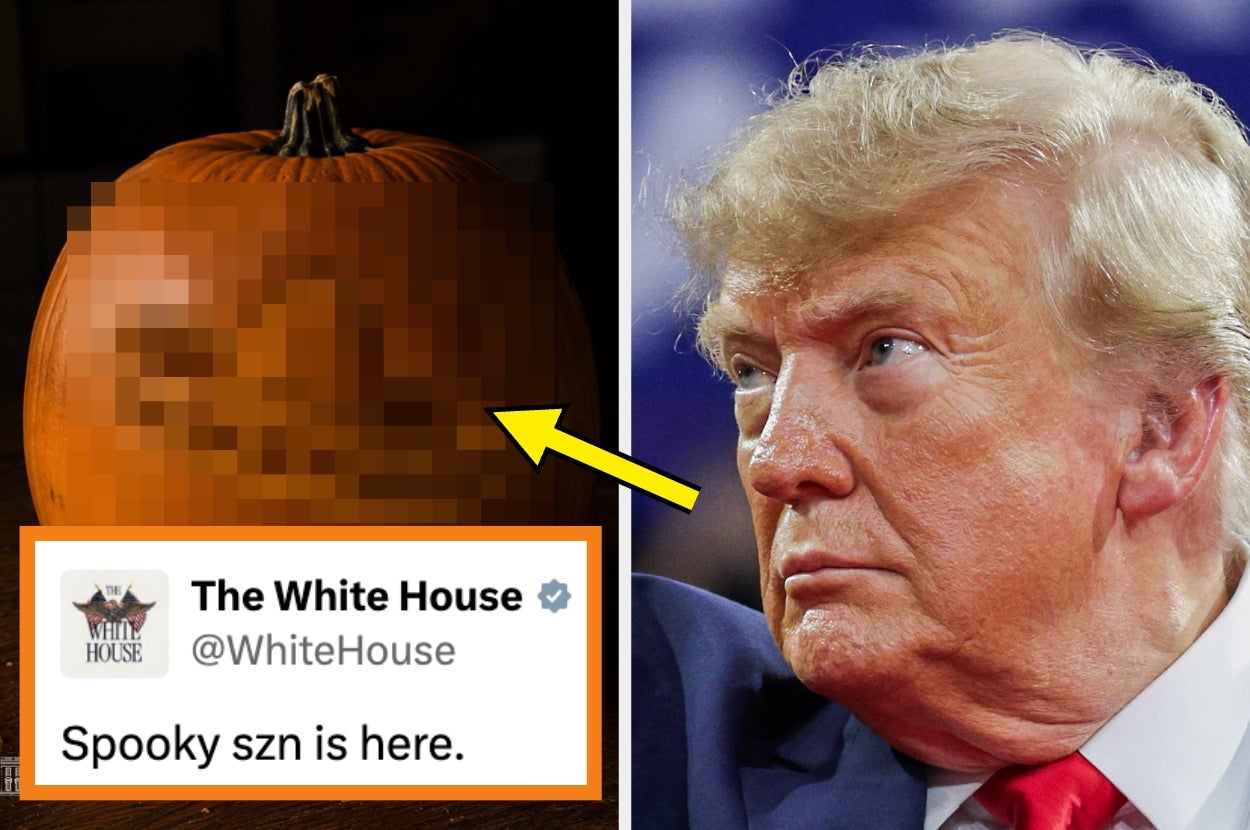 A pumpkin is carved with a pixelated face resembling a person. On the left, there's a tweet from the White House saying, "Spooky szn is here."