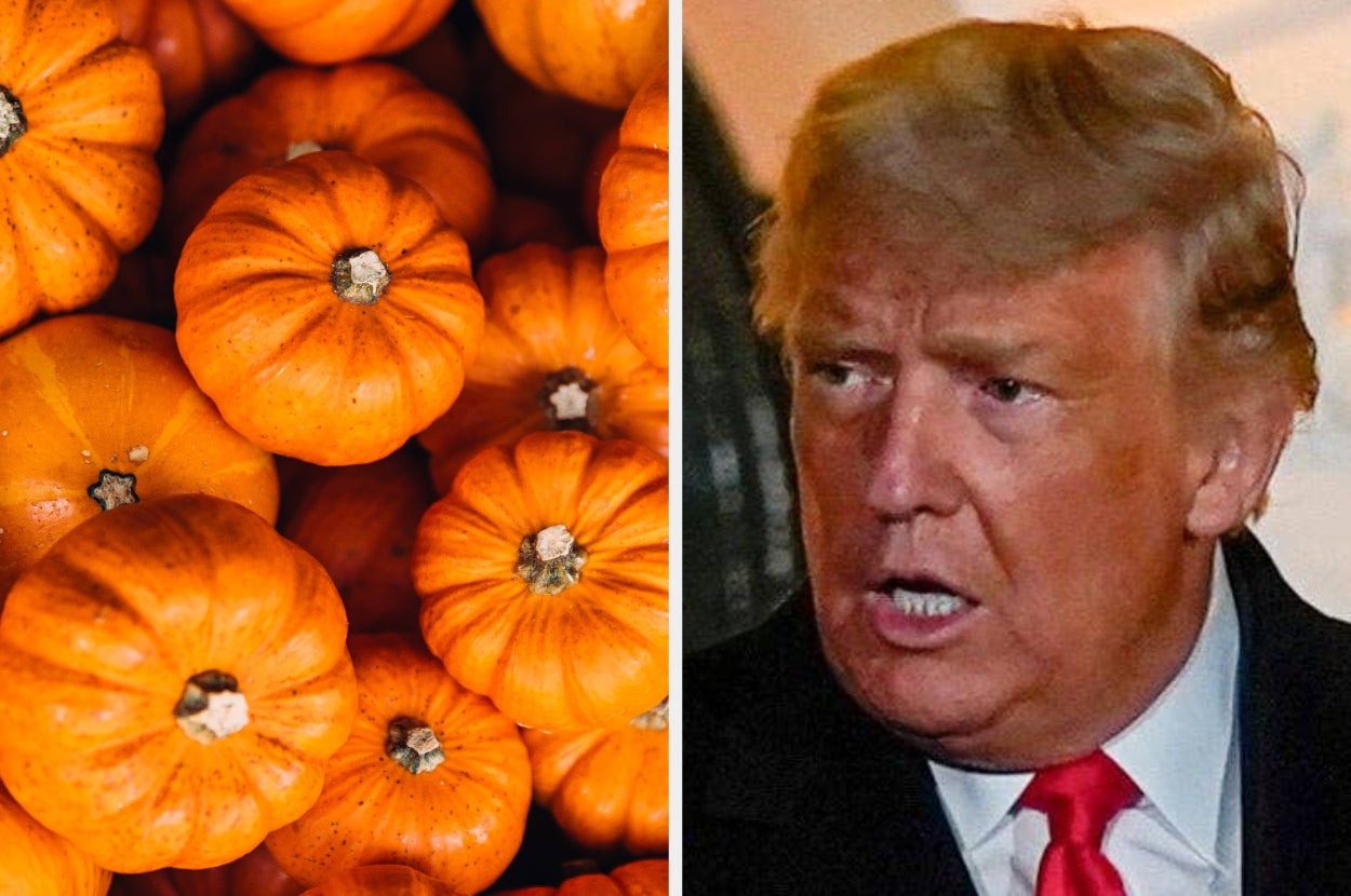 Small pumpkins on the left; person in a coat with a red tie on the right, looking to the side