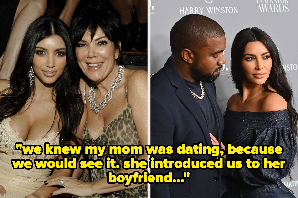 Kim Kardashian with Kris Jenner and Kanye West. Text: "we knew my mom was dating, because we would see it. she introduced us to her boyfriend..."
