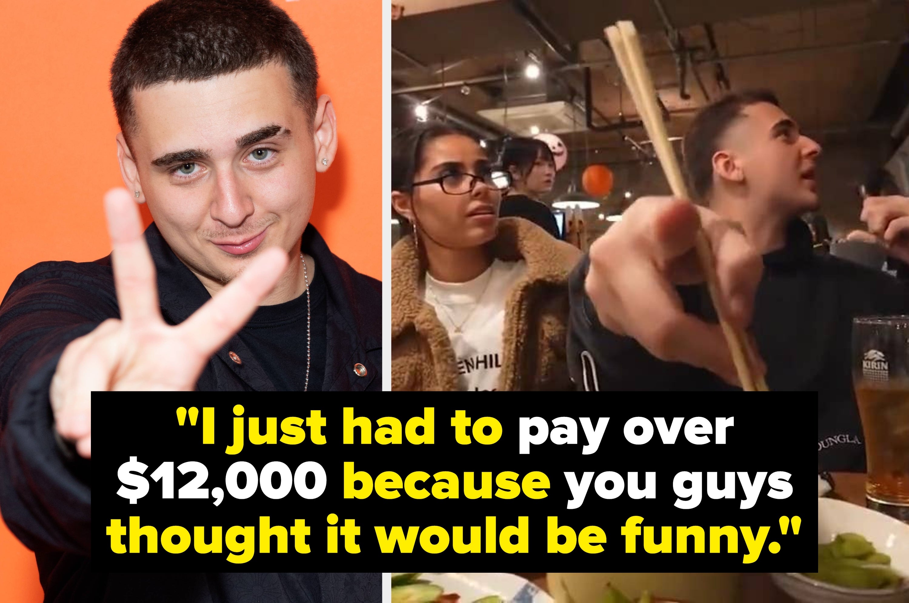 A person making a peace sign is on the left; on the right, they are in a restaurant looking surprised. Text on image discusses a $12,000 payment prank