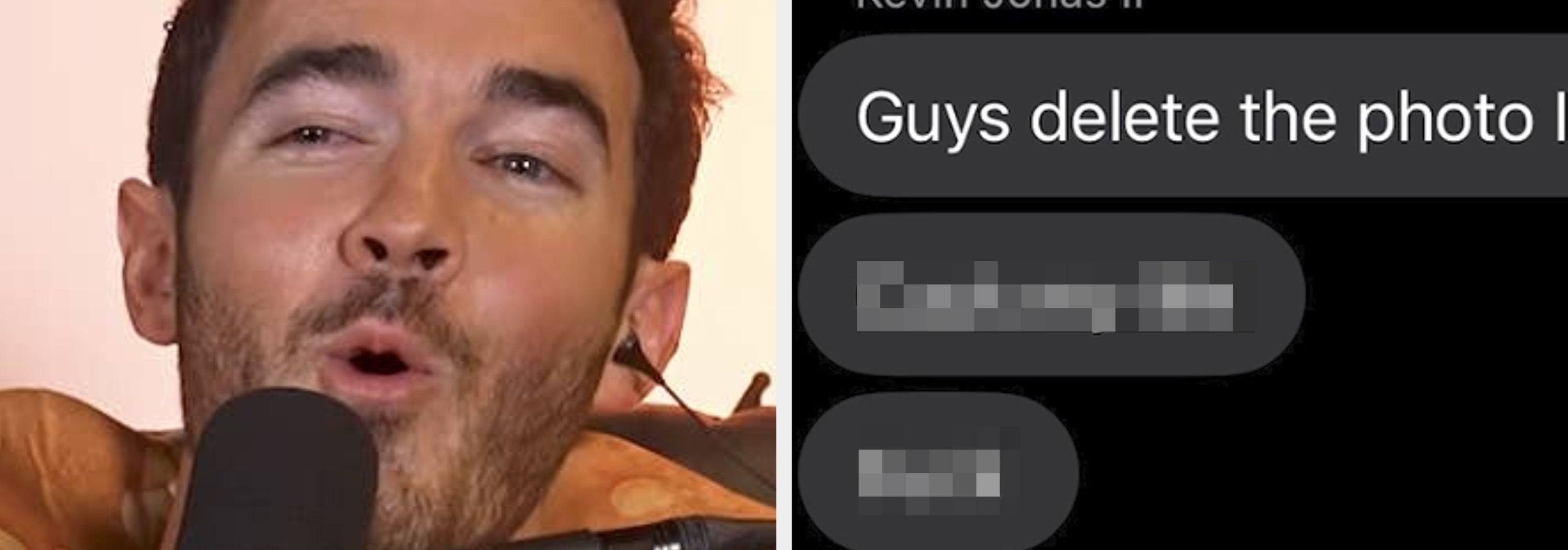 A person is speaking into a microphone. Beside them is a phone screen showing a text message conversation with humorous and explicit texts