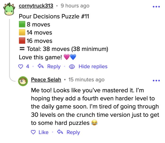 Comments on a puzzle game. One user shares a puzzle score; another hopes for more difficult levels beyond the current 30