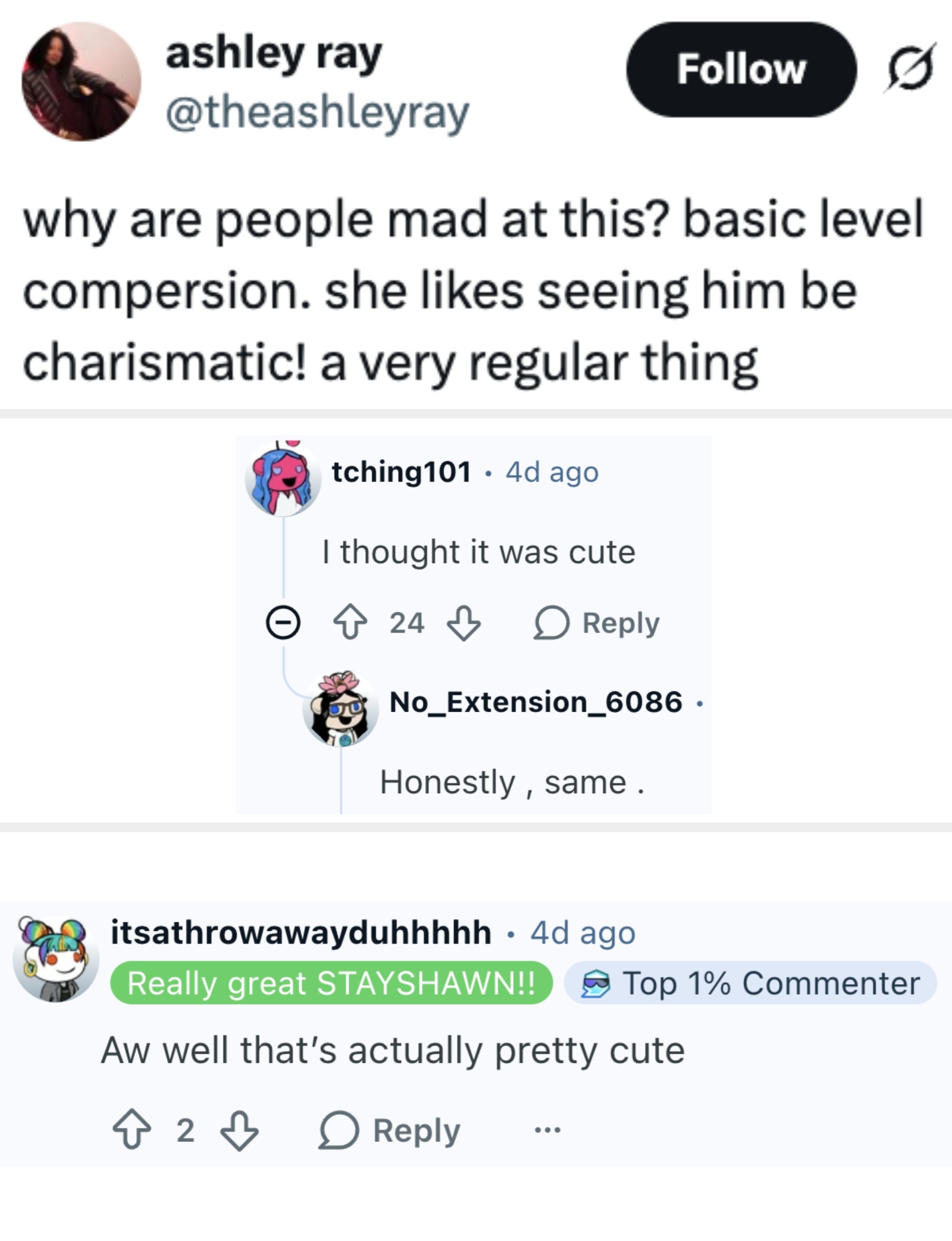 Tweet questioning why people are upset, suggesting it’s normal to appreciate charisma