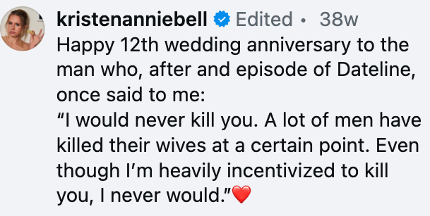 A humorous message from Kristen Bell celebrating her12th wedding anniversary to Dax Shepard with a playful reference to a "Dateline" episode