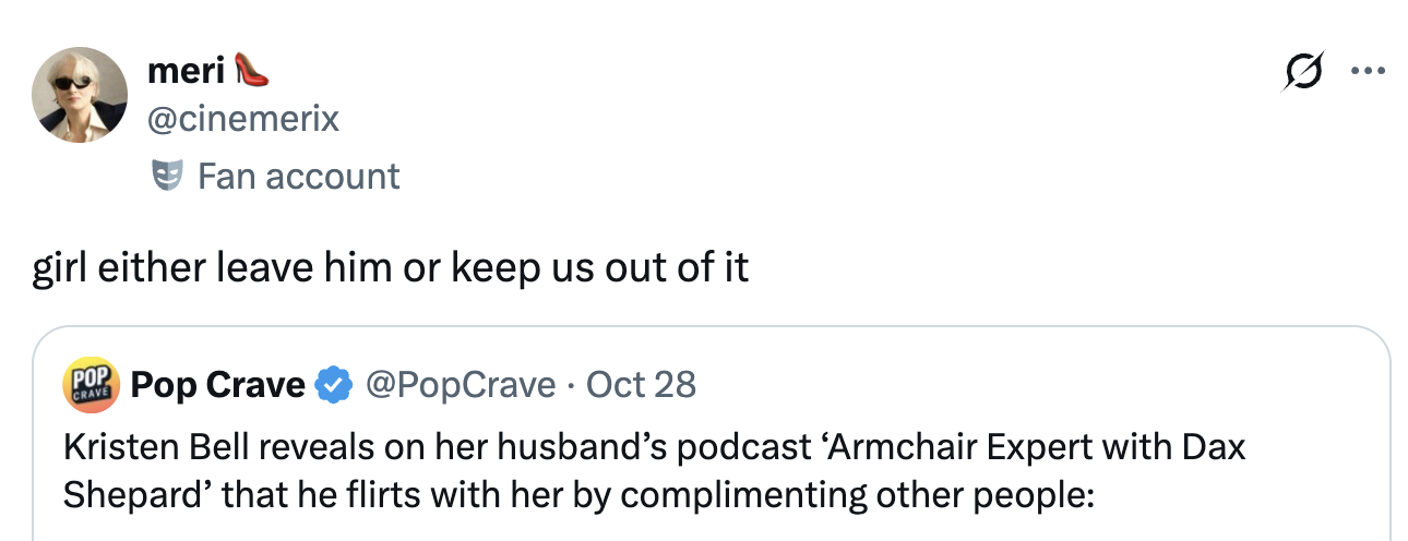 Tweet expressing frustration over Kristen Bell discussing her husband's flirting habits on his podcast