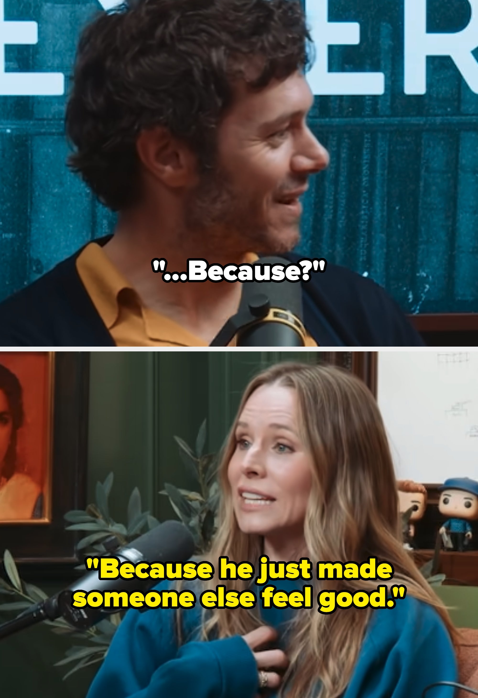Adam Brody and Kristen Bell seated, speaking into microphones during a podcast recording