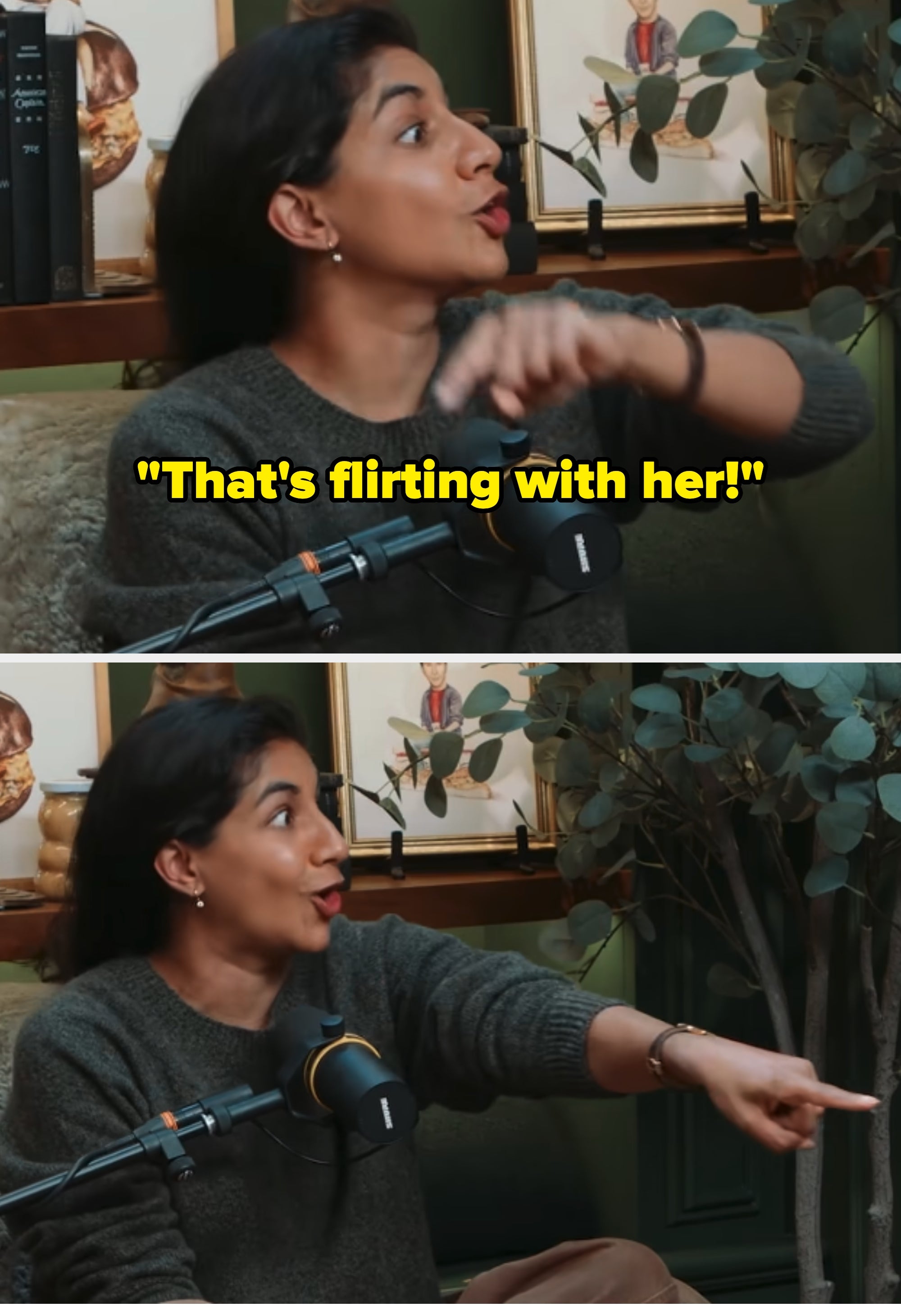 Monica Padman animatedly speaking and pointing during a podcast recording, sitting in front of a microphone