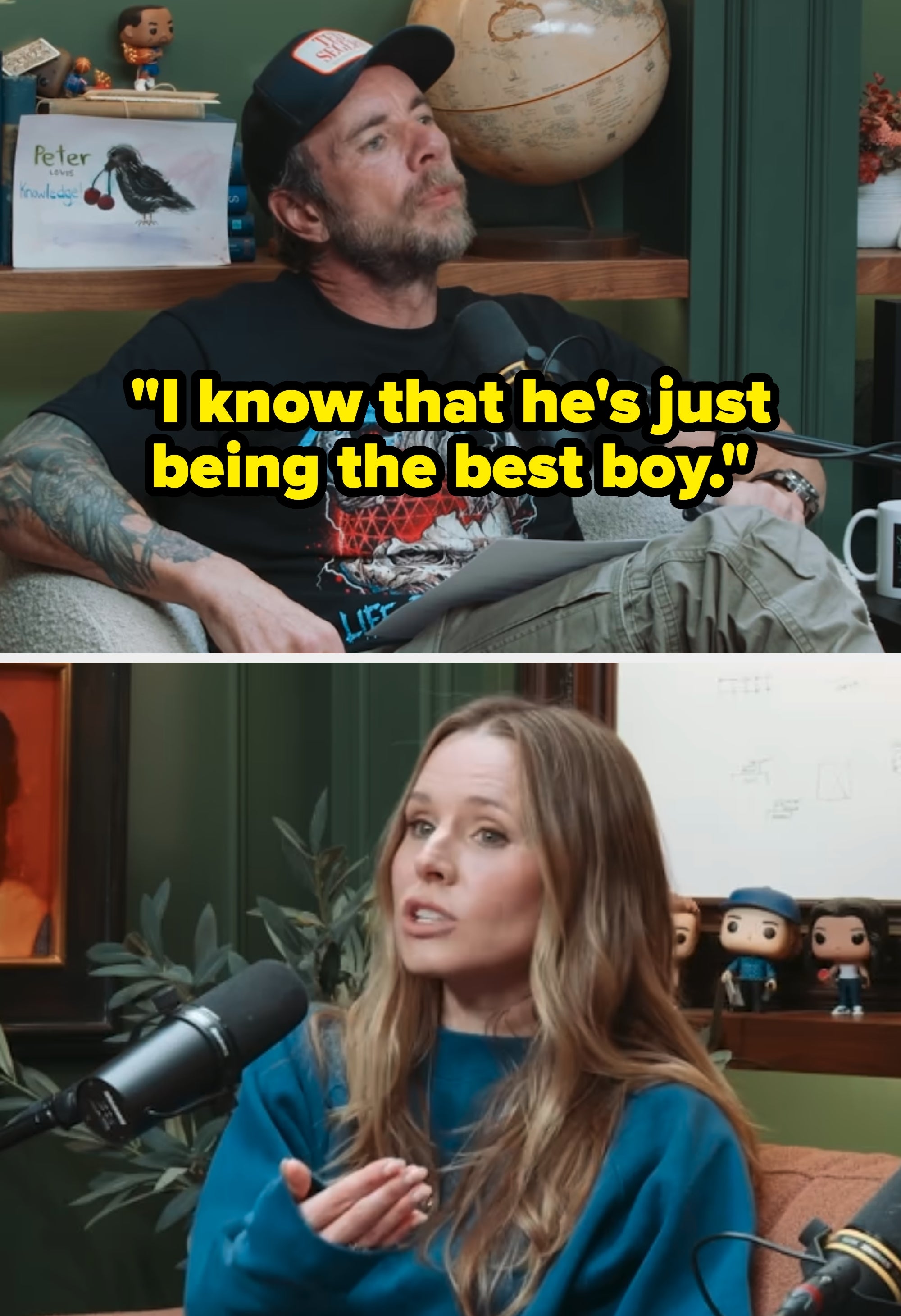 Kristen Bell and Dax Shepard sitting in a podcast studio, each speaking into a microphone. One is wearing a graphic tee and cap, the other a casual long-sleeve top