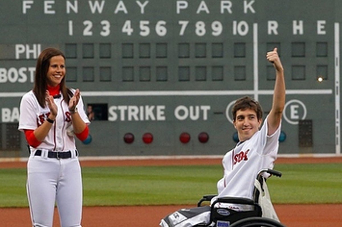 Boston bombing victim who CHOSE to have foot amputated throws first pitch  at Red Sox game at Fenway Park