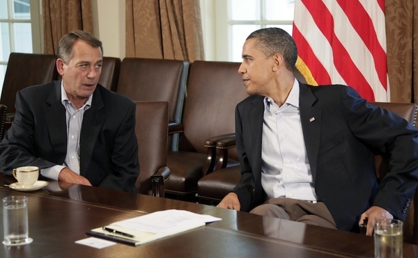 President Barack Obama meets with House Speaker John Boehner of Ohio, left, in the Cabinet Room o...