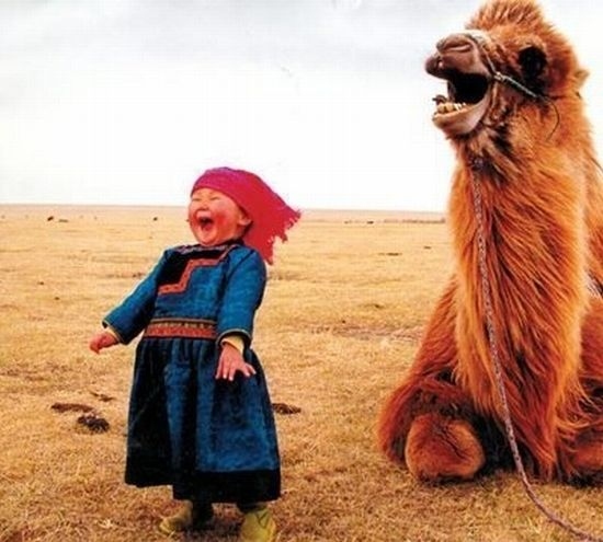 A laughing girl and her camel
