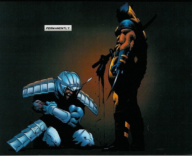 After the Silver Samurai plunges his katana into Wolverine's belly, the grouchy Canuck decides that the quickest way to solve this dilemma is to separate the Samurai from his sword-arm. Operating rooms are for wussies. Anesthesia? Mutant, please!