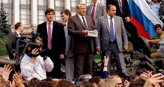 Boris Yeltsin on top of the tanks in Red Square in 1991.