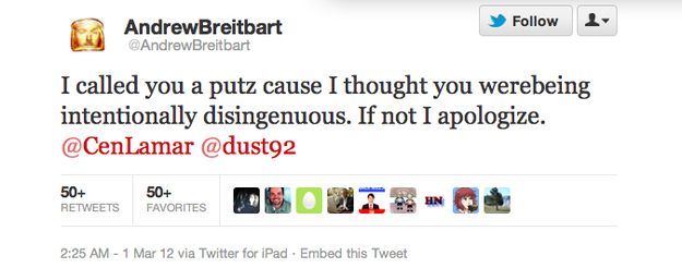 Breitbart's next--and last--tweet was sent from an iPad at 11:25 p.m. PT (2:25 a.m. ET). The Hollywood Reporter story does not mention anyone observing Breitbart with a tablet computer at the bar, so it seems reasonable to speculate that he had changed locations by this point, returning to wherever he kept the device (perhaps his home or car).