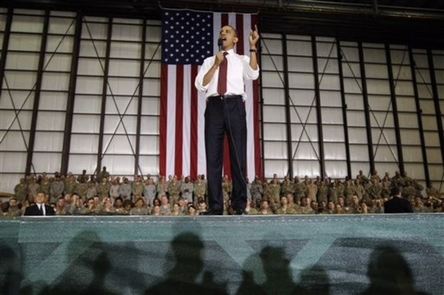 President Barack Obama addresses troops at Bagram Air Field, Afghanistan, today.