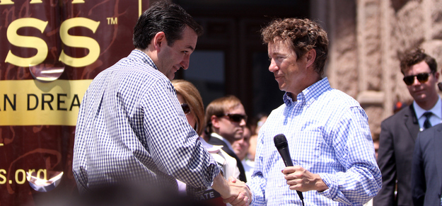 Ted Cruz and Rand Paul on the steps of the Texas Capitol for a Tea Party Express rally May 6.
