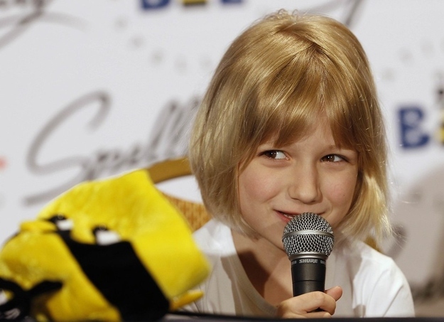 Six-year-old Lori Anne Madison attends a news conference at the Scripps National Spelling Bee semi-finals at National Harbor, Maryland May 31, 2012. Madison, who was eliminated in Wednesday's round, is the youngest speller in the Spelling Bee's history.