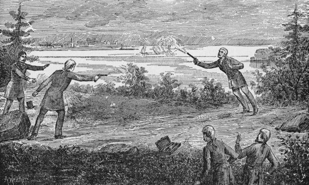 Former Secretary of the Treasury Alexander Hamilton and Vice President Aaron Burr's long time rivalry came to a head after a defamatory article about Burr was penned by Hamilton during the 1804 New York gubernatorial race. The two men decided to work things out in a duel by pistol in Weehawken, New Jersey. Burr fatally wounded Hamilton, who died the following day.