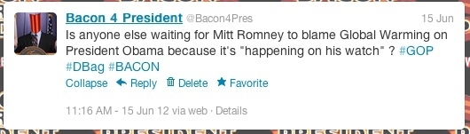 Using an abbreviated hash-tag, Bacon manages to successfully insult climate-change skeptics and call his primary opponent a douchebag on twitter.